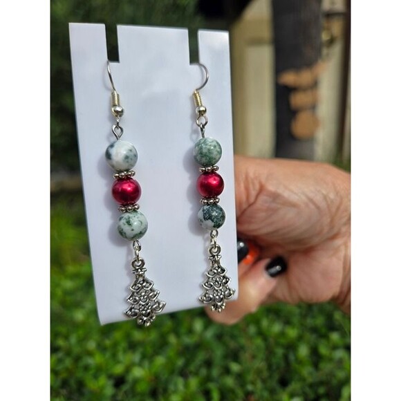 Tree Agate Beaded Christmas Tree Charm Gemstone Festive Earrings - Picture 6 of 7